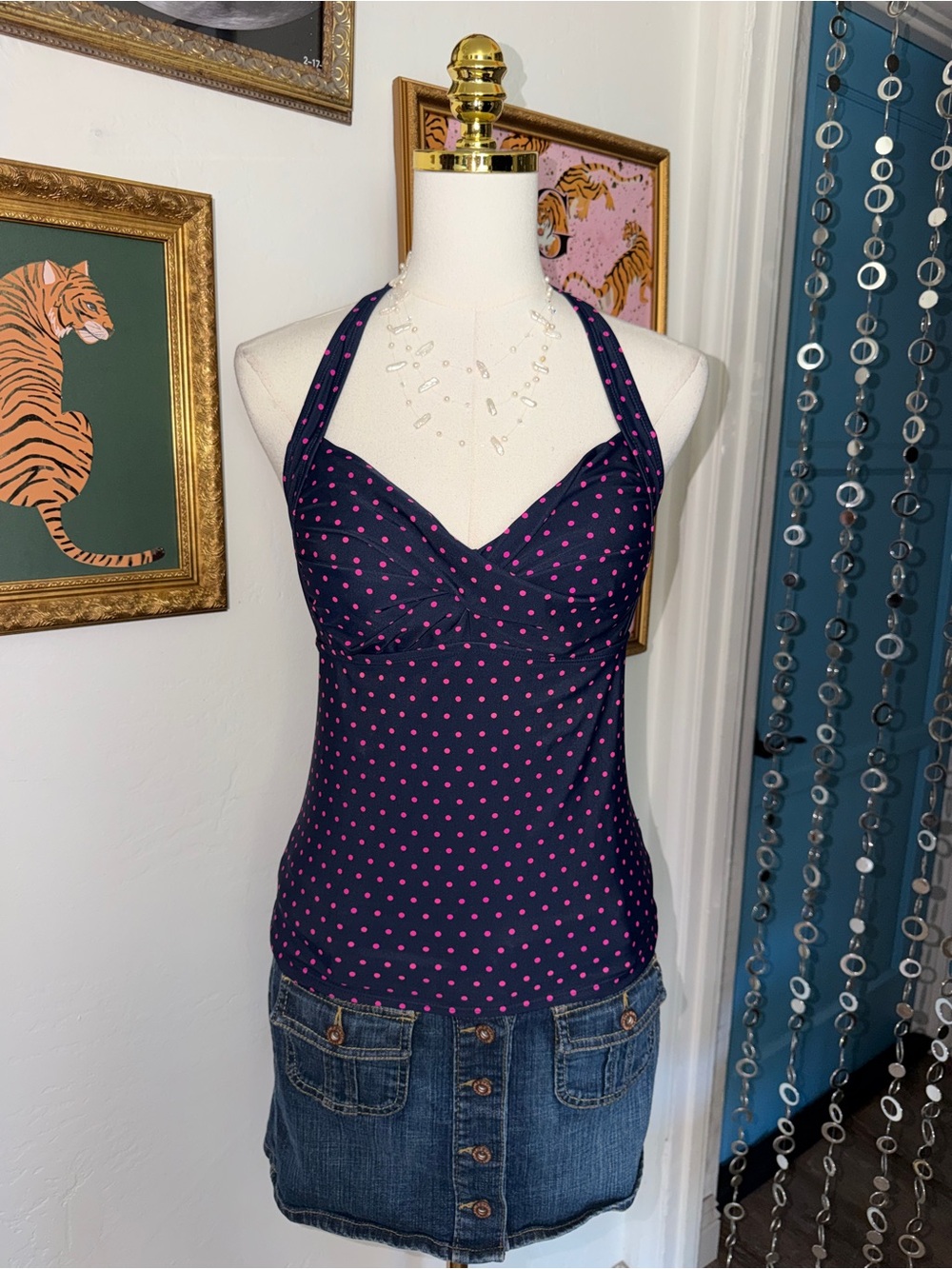 Y2K Gap Women’s Navy Halter Tank with Pink Polka Dots